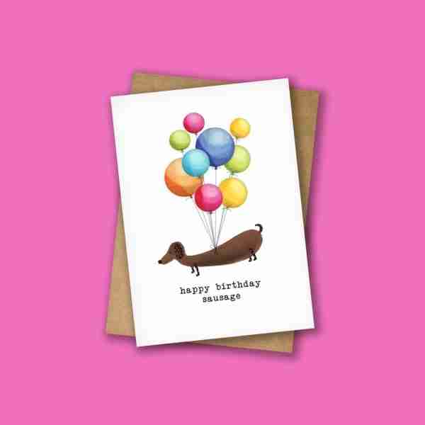 Happy Birthday Sausage Dog with Balloons Card